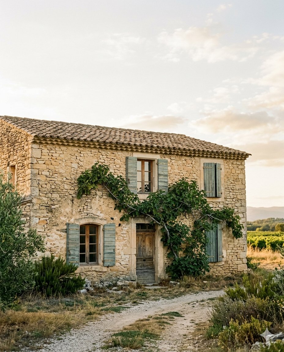 Mas provençal en pierre, volets bleu-gris, vigne grimpante, lumière dorée de fin de journée — IMOXA, marchand de biens en Provence