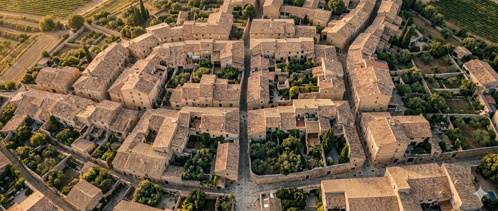 Vue aérienne d'un village provençal : toits en tuiles canal, ruelles médiévales, vignes et oliviers — territoire d'intervention IMOXA
