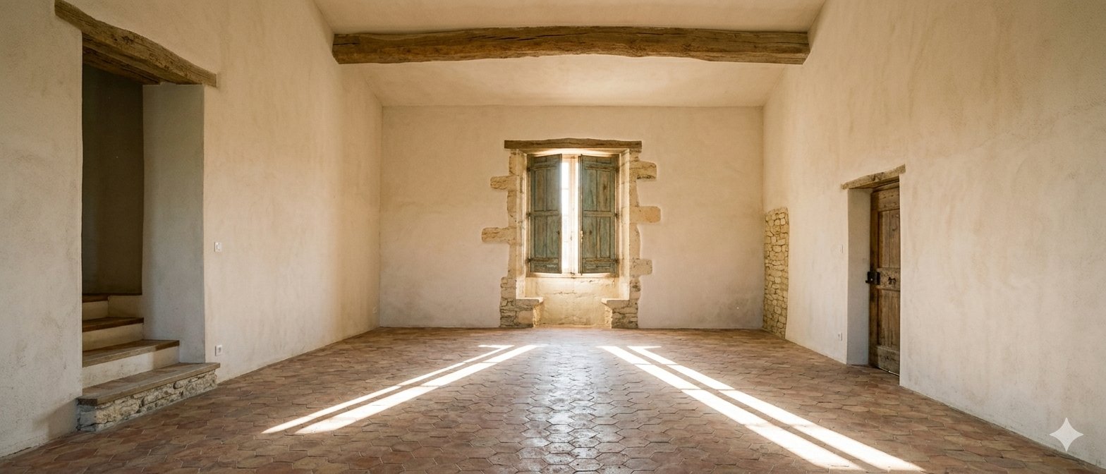 Intérieur rénové d'une bastide provençale : tomettes anciennes, poutre en chêne, enduit à la chaux, lumière naturelle — IMOXA